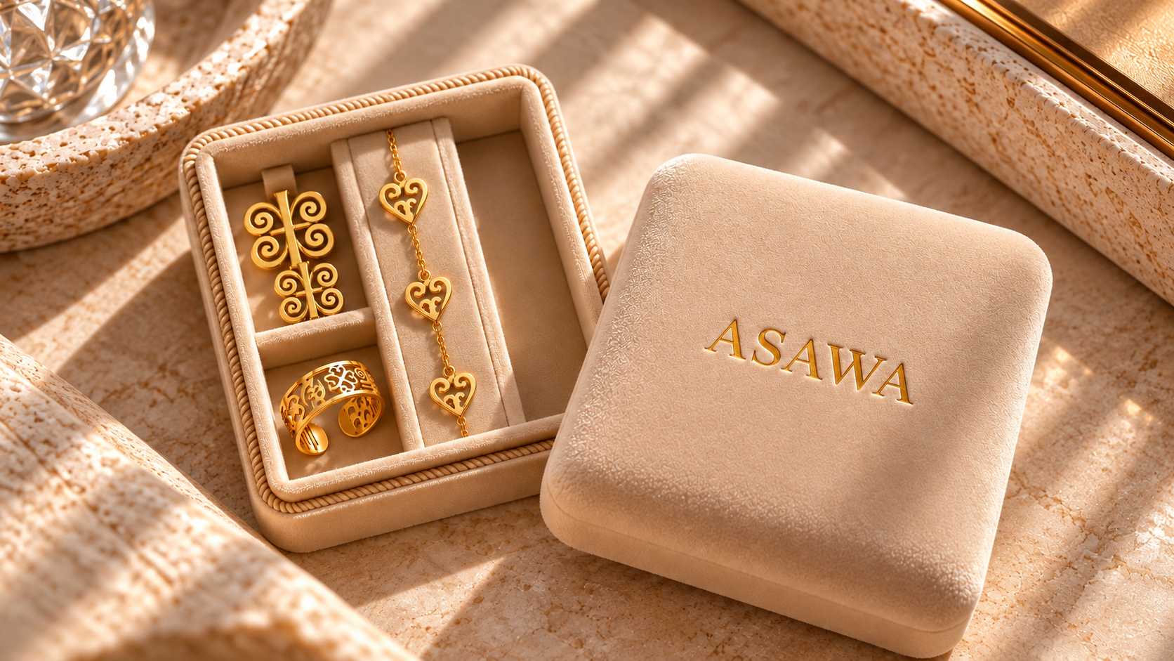 ASAWA jewellery arranged in a presentation box
